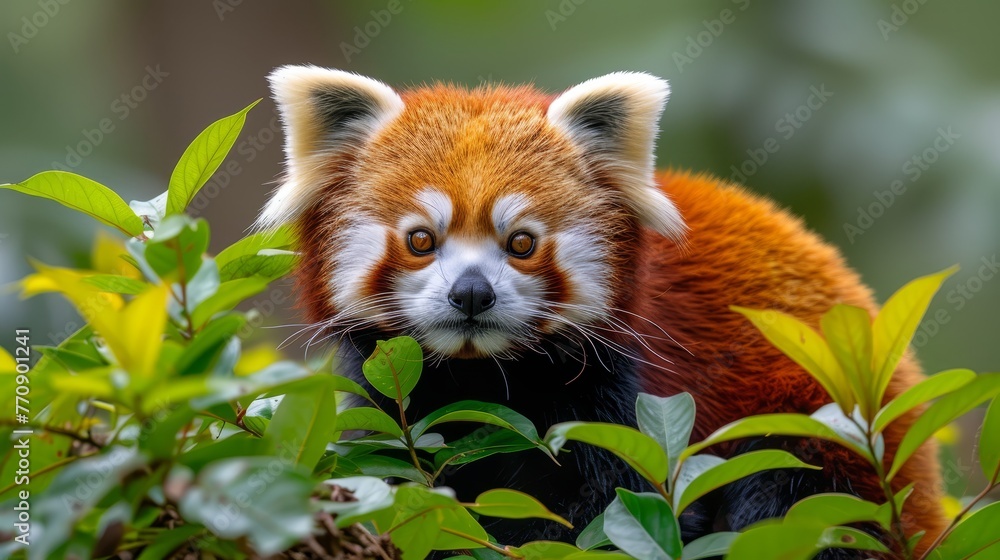 A red panda perched on a verdant tree, brimming with numerous leafy branches A red panda perched on a verdant tree, brimming with numerous leafy branches