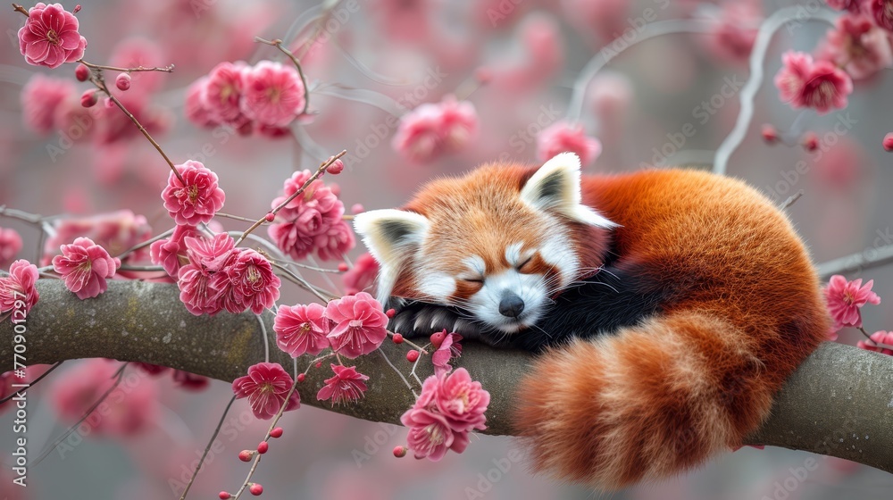 A red panda naps on a tree branch adorned with pink blossoms, its head cradled by the limb A red panda naps on a tree branch adorned with pink blossoms, its head cradled by the limb