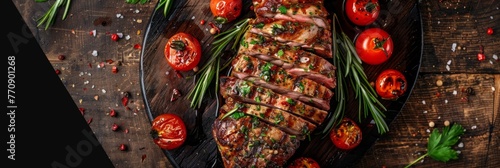 Grilled steak with herbs and tomatoes - Grilled steak topped with bacon strips and herbs, tomatoes, and garlic on a rustic wooden board photo