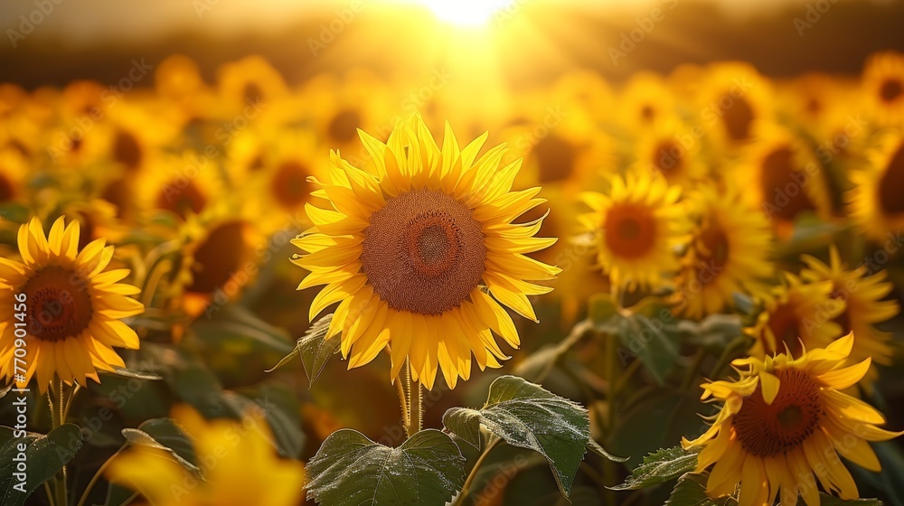 Fototapeta premium A vast sunflower field with sun illuminating leaves and casting backdrop radiance