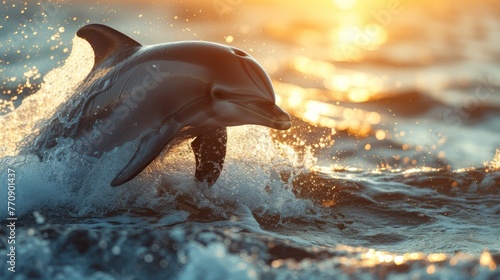  A tight shot of a dolphin in the water, sunlight reflecting behind it, with a foreground of tranquil body