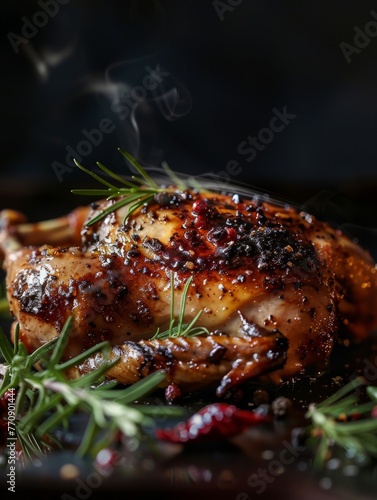 Juicy roasted chicken with herbs close-up - Delicious roasted poultry with a succulent glaze, garnished with rosemary sprigs and peppercorns, perfect for culinary themes