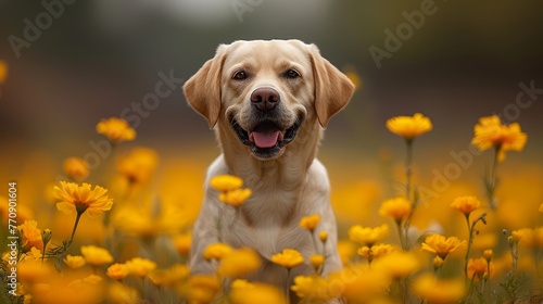   A tight shot of a dog in a flower-filled field with its mouth agape and tongue extended photo