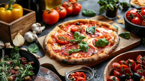 Margherita pizza on a wooden board - Sliced traditional Margherita pizza on a wooden serving board with fresh ingredients around