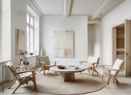 Cozy living room with natural wood furniture, white walls and large windows
