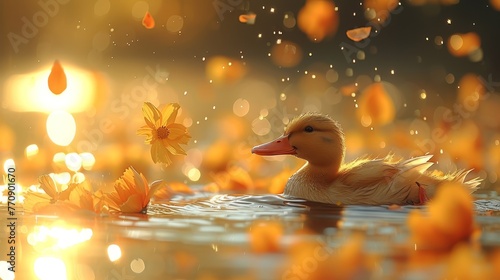  A duck floats atop a body of water, surrounded by an orange and yellow array of water lilies