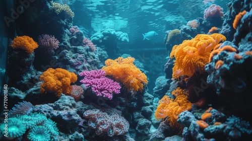  An underwater perspective of a vibrant coral reef teeming with diverse corals growth beneath it