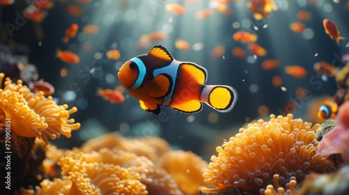  A clownfish swimming inside a sea anemone, surrounded by additional anemones in the background