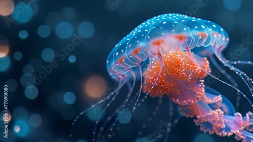   A tight shot of a jellyfish against a blue backdrop, surrounded by softly blurred lights in the distance © Wall