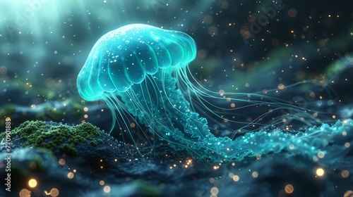   A jellyfish painting floats in the ocean, surrounded by bubbles on the surface and stars above © Wall