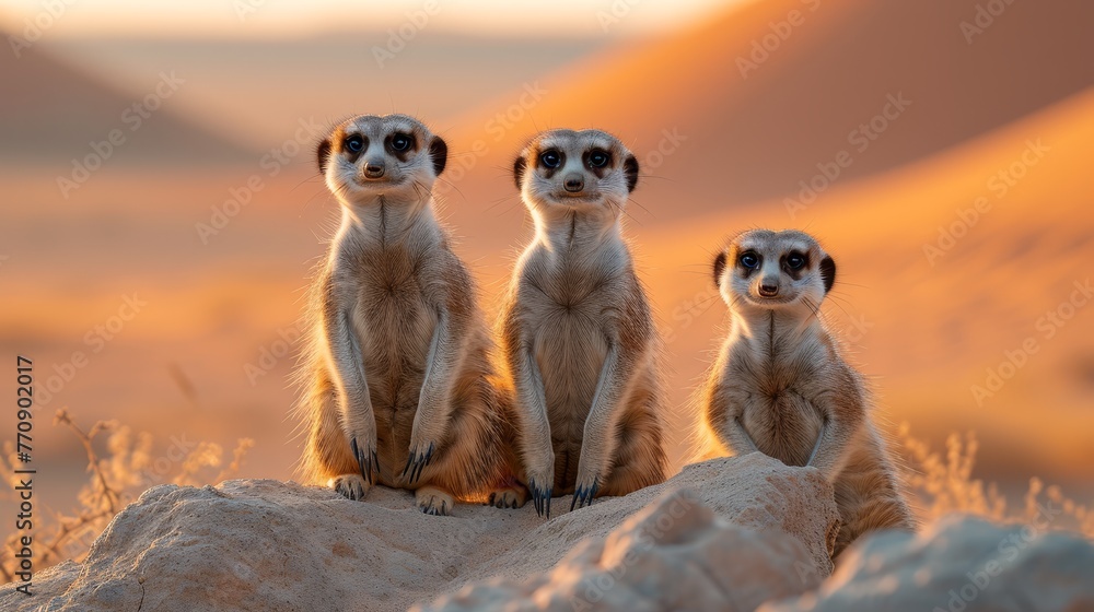 Three meerkats atop a desert rock..Or:..A trio of meerkats sits on a rock in the heart of the desert Three meerkats atop a desert rock..Or:..A trio of meerkats sits on a rock in the heart of the desert