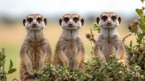  Three meerkats atop a bush, gazing in unison with the image's general direction
