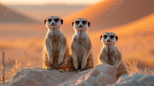  Three meerkats atop a desert rock..Or:..A trio of meerkats sits on a rock in the heart of the desert