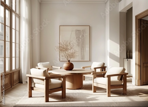 Living room with natural wood furniture, white walls and large windows. Featuring an elegant round wooden table surrounded by four armchairs in light beige tones