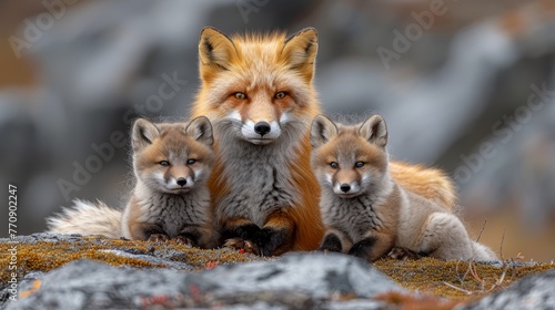   Three foxes sit together atop a grassy hill dotted with rocks