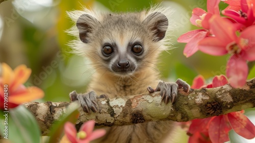  A tight shot of a small creature on a tree branch, adorned with nearby flowers, and a softly blurred background