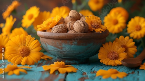   A blue table holds a bowl of yellow flowers, nearby sits a bunch of the same blooms