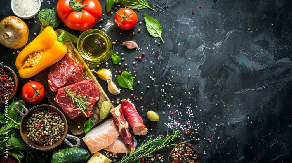 Assorted fresh ingredients on dark background - A variety of fresh ingredients for cooking displayed on a dark, rustic surface, showcasing meats, vegetables, and herbs