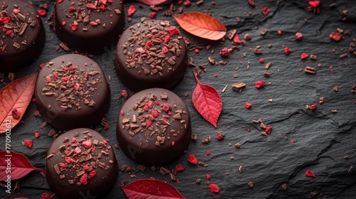   A collection of chocolates, adorned with sprinkles and red leaves, atop a dark backdrop ..Or, if you prefer a