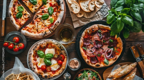 Assorted pizzas with various toppings on table - A table spread of assorted pizzas with different toppings like cheese, basil, pepperoni, and accompanied by beverages