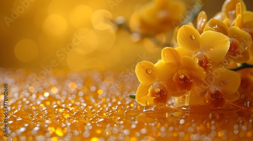   A tight shot of several flowers with dewdrops on the surrounding ground  contrasting against a softly blurred backdrop