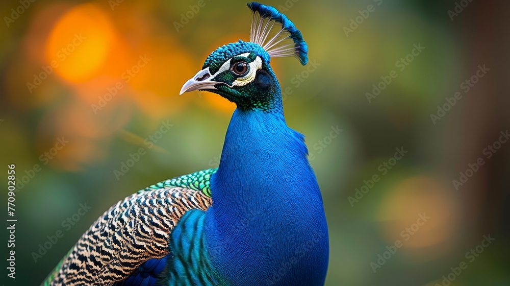 Obraz premium A tight shot of a blue-green bird with indistinct background, featuring trees in the distance