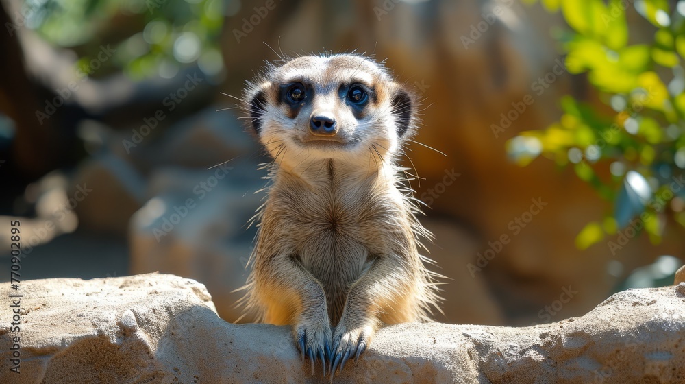 Fototapeta premium A meerkat on a rock, gazing sadly at the camera with expressive eyes