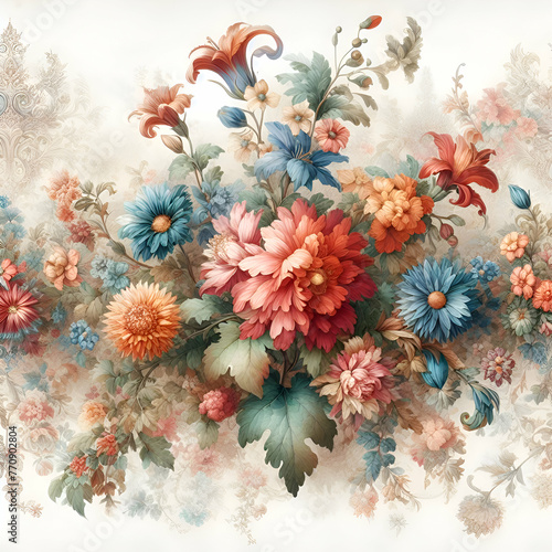 Photo real for Floral Tapestry as A rich tapestry of watercolor flowers interwoven with historical motifs in watercolor floral theme ,Full depth of field, clean bright tone, high quality ,include copy