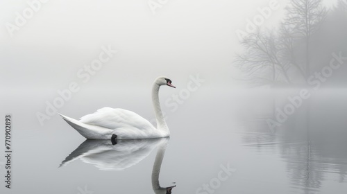  A white swan floats atop a fog-shrouded lake amidst midday, trees visible in the background