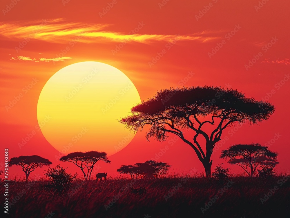 Safari sunset, abstract silhouettes, wide view, golden tones for wild wallpaper , vibrant