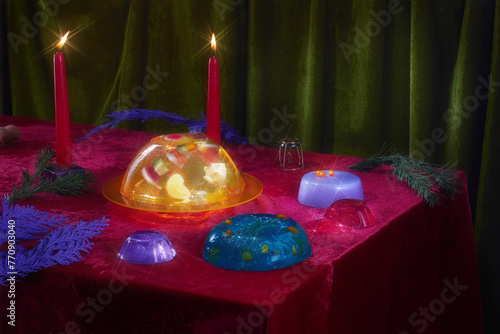 Christmas vintage still life with colored jelly photo