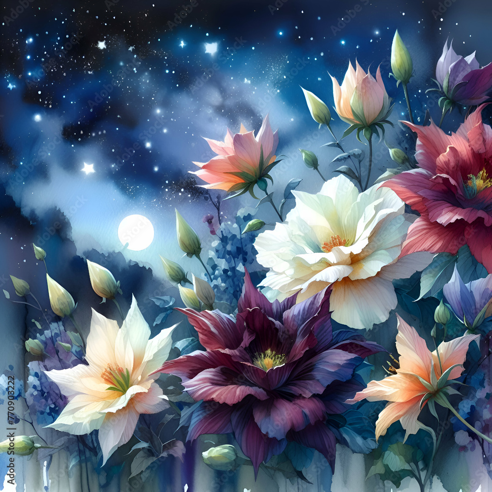 Photo real for Midnight Florals as Nocturnal flowers under a starry sky in watercolor in watercolor floral theme ,Full depth of field, clean bright tone, high quality ,include copy space, No noise, cr