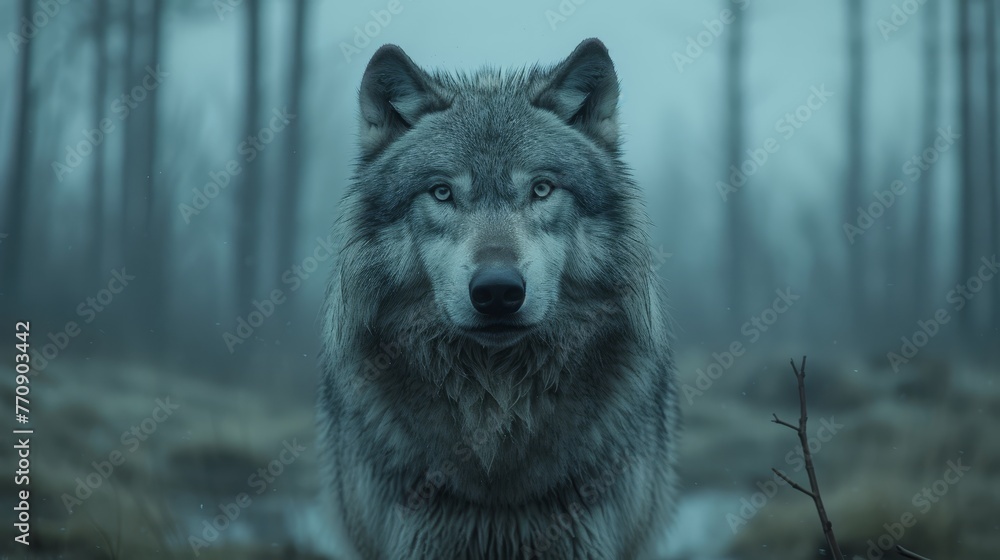 A wolf, poised in a forest's heart, amidst foggy day's enchantment Trees and bushes blurred in misty backdrop A wolf, poised in a forest's heart, amidst foggy day's enchantment Trees and bushes blurred in misty backdrop
