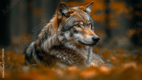   A tight shot of a wolf amidst a field of grass  surrounded by trees in the distance  featuring a softly blurred backdrop