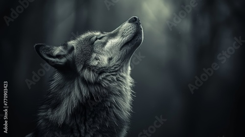   A black-and-white image of a wolf gazing up at the sky with closed eyes and turned head to the left photo