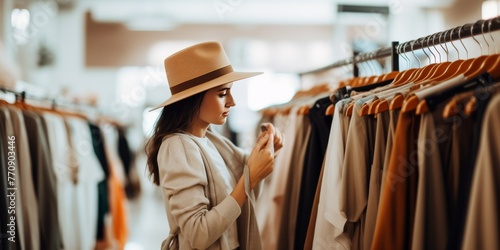 Young woman standing in front of a rack of clothes in Secondhand clothing store. Vintage clothes in a store on sale. Recycling and life extension for clothes concept. Generative ai