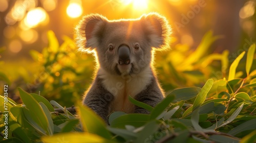   A koala  nose close-up  sits in a bush Sunlight filters through tree branches behind