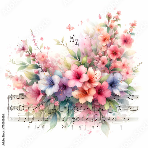 Photo real for Spring Sonata as Watercolor illustration of spring flowers in full bloom with musical notes in watercolor floral theme ,Full depth of field, clean bright tone, high quality ,include cop