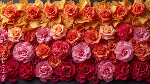   A tight shot of an arrangement of flowers on a table, accompanied by tortilla chips molded into floral shapes © Wall