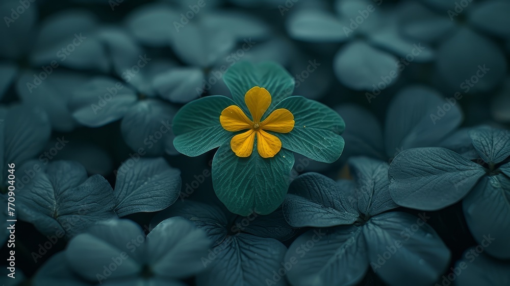   A cluster of green leaves with a yellow flower centrally positioned among them, situated on the image's left side - obrazy, fototapety, plakaty 