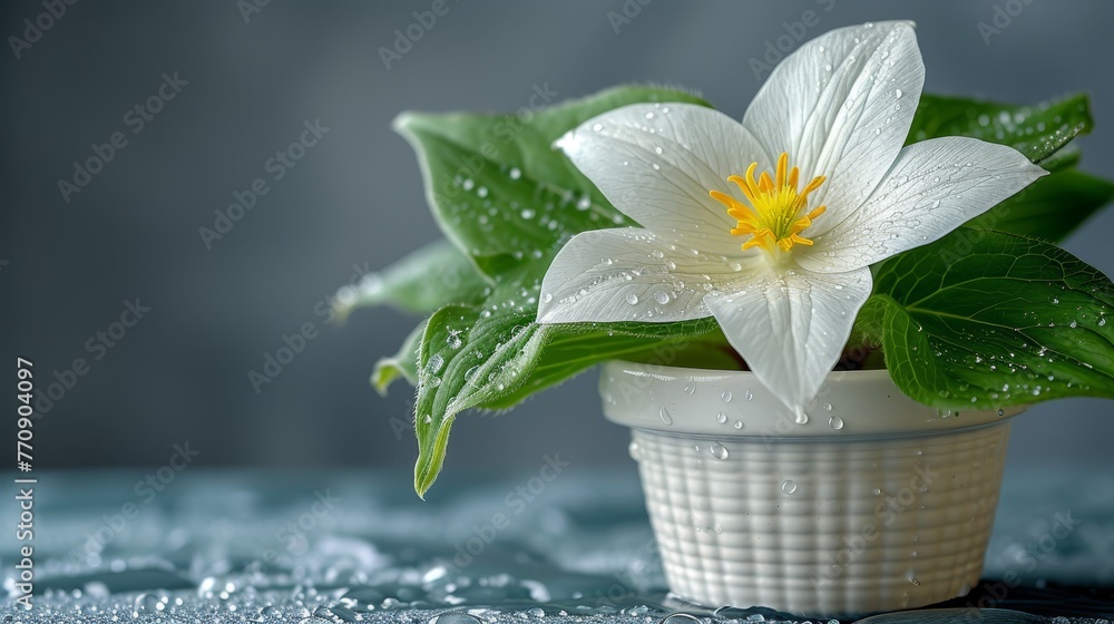   A white bloom with a yellow core rests in a pristine pot Green foliage encircles it, and water droplets adorn the surface