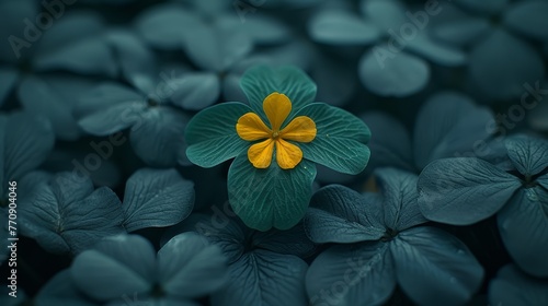   A cluster of green leaves with a yellow flower centrally positioned among them, situated on the image's left side