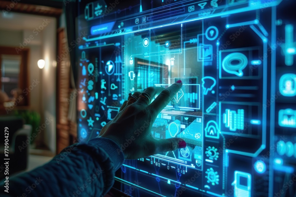 Fototapeta premium A person interacts with a holographic interface of a smart home