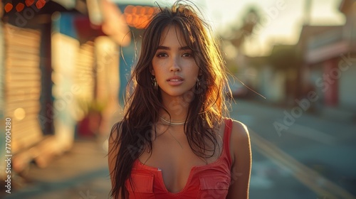 urban fashion portrait of a a young latin woman with long black hair in red dress in the street