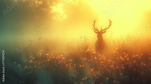  A deer stands in a field of tall grass with the sun shining through the trees behind it © Wall