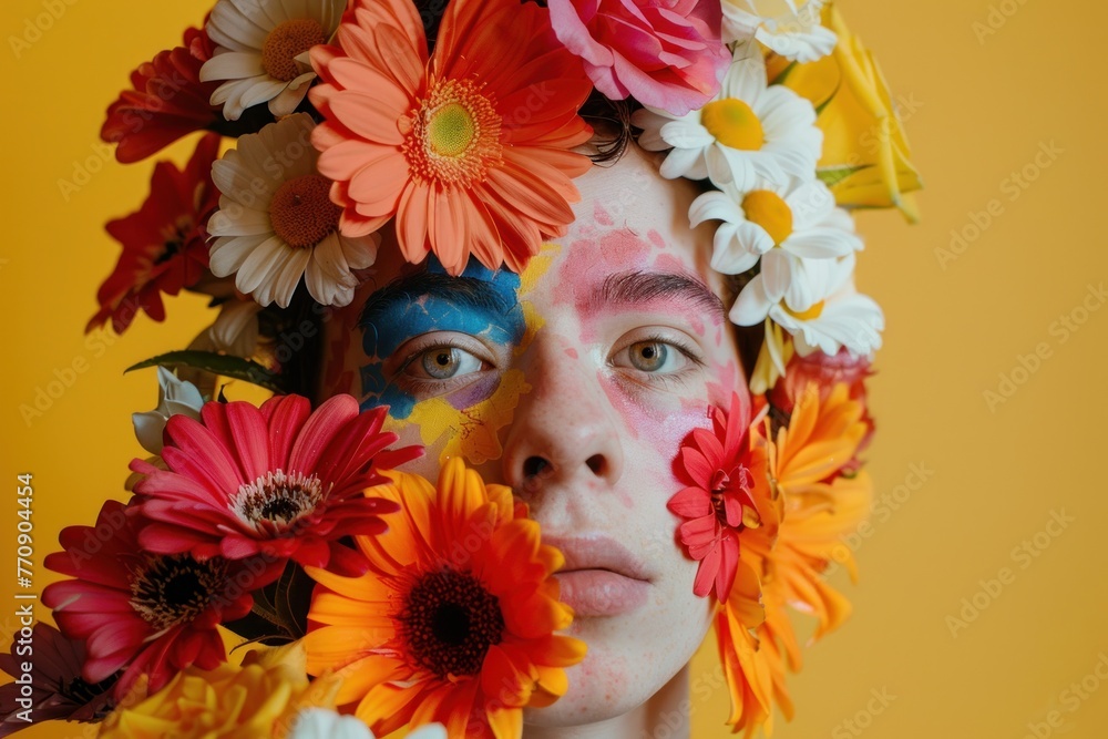 A portrait of a person with a creative makeup of vibrant flowers adorning half of their face on neutral background