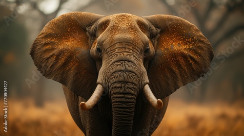  A tight shot of an elephant's face amidst a sea of tall grasses, dotted with trees in the distance