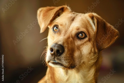 A portrait of an attentive brown dog with soulful eyes, softly lit and captured with a blurred background