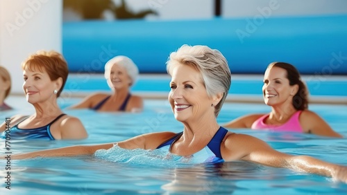 Elderly women training in the pool, women 70 years old doing sports in the pool, jumping, doing water aerobics © екатерина лагунова