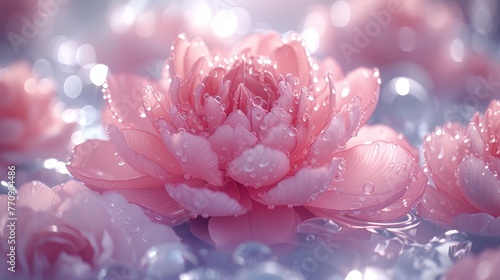  A pink flower, closely framed, with dewdrops glistening on its petals against a softly blurred backdrop of water droplets